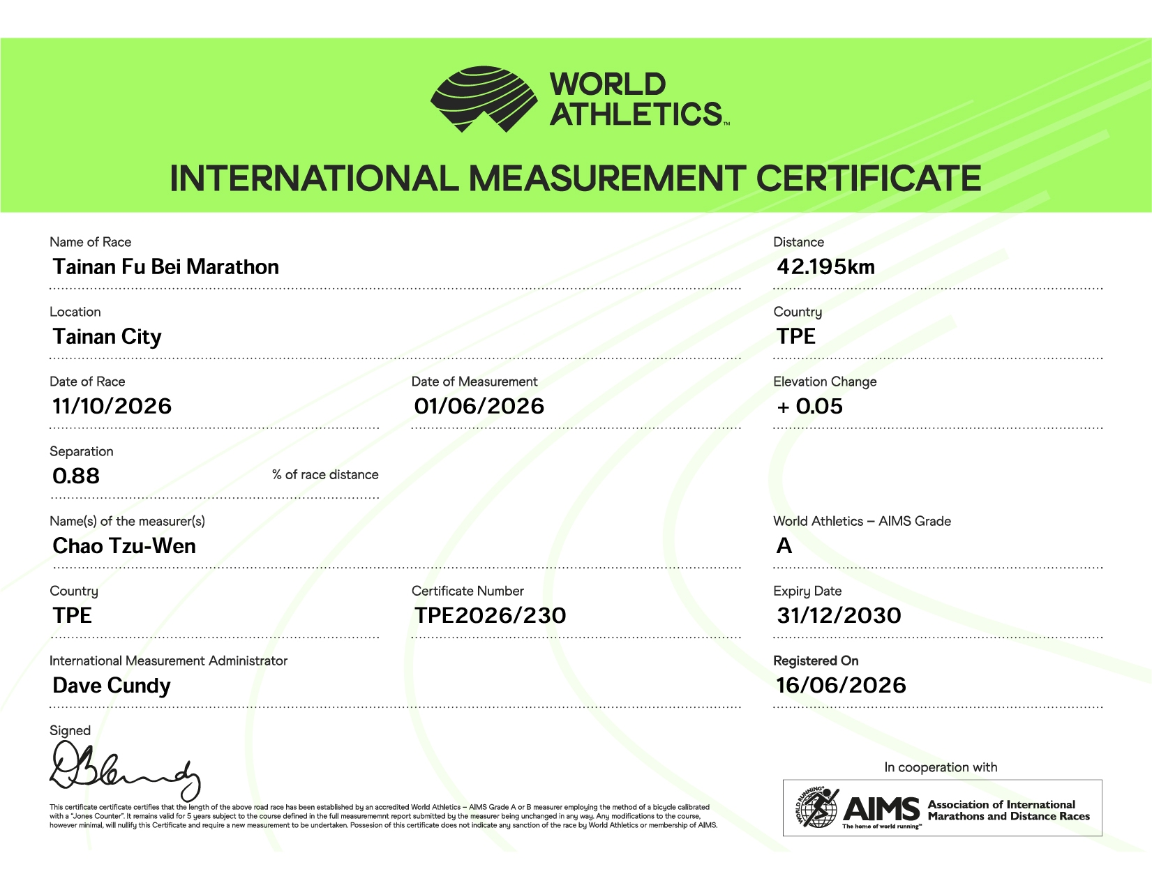 府北馬拉松 42.195 公里 World Athletics 國際賽道丈量證書